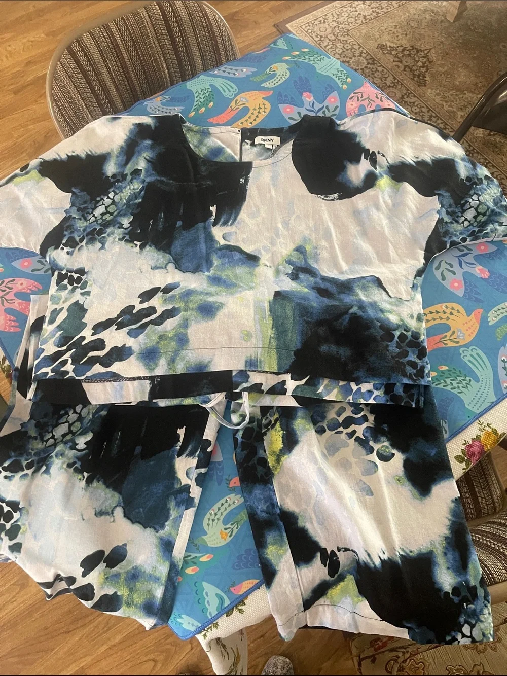 DKNY 2 Piece Set Blue & Black Watercolor Print Top and Matching wide leg